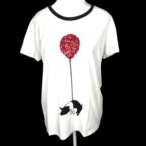 White Cotton T Shirt Red Sequin Balloon and Pig Black Rim Neck Womens Size Small